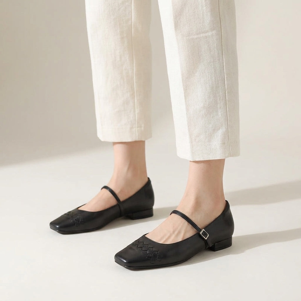 Ravenna Mary Janes — Black, worn view in the studio, from the knee down