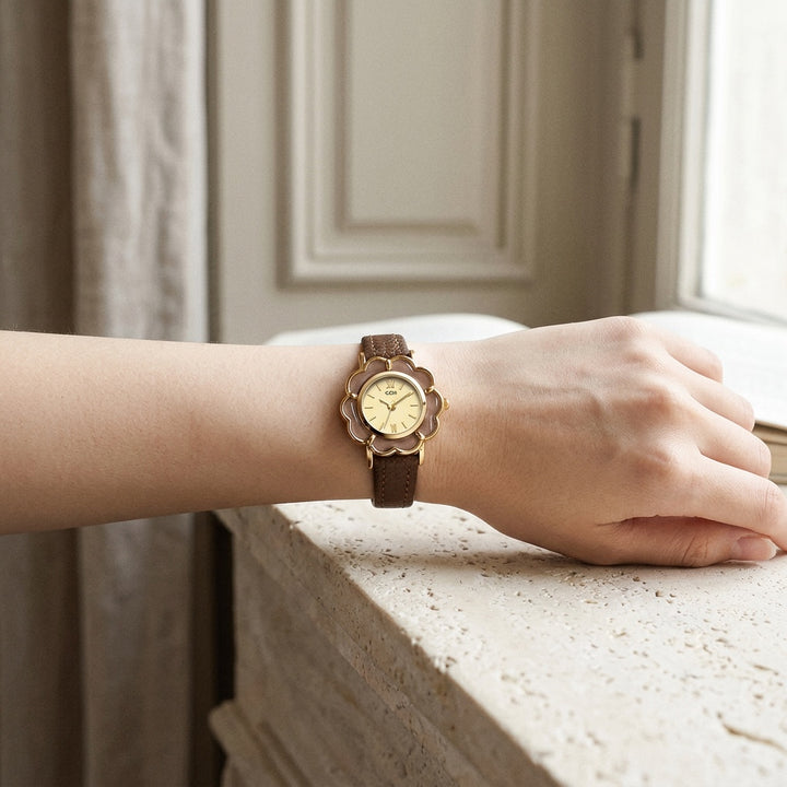 Spello Flower Watch — Coffee, lifestyle wrist shot