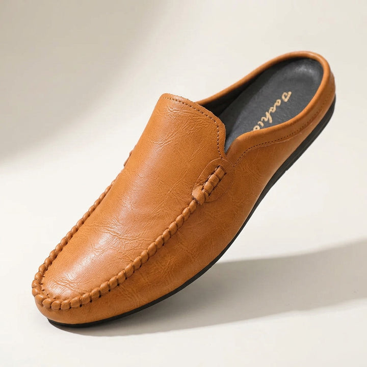 Vietri Leather Mules — Tan, three-quarter studio view