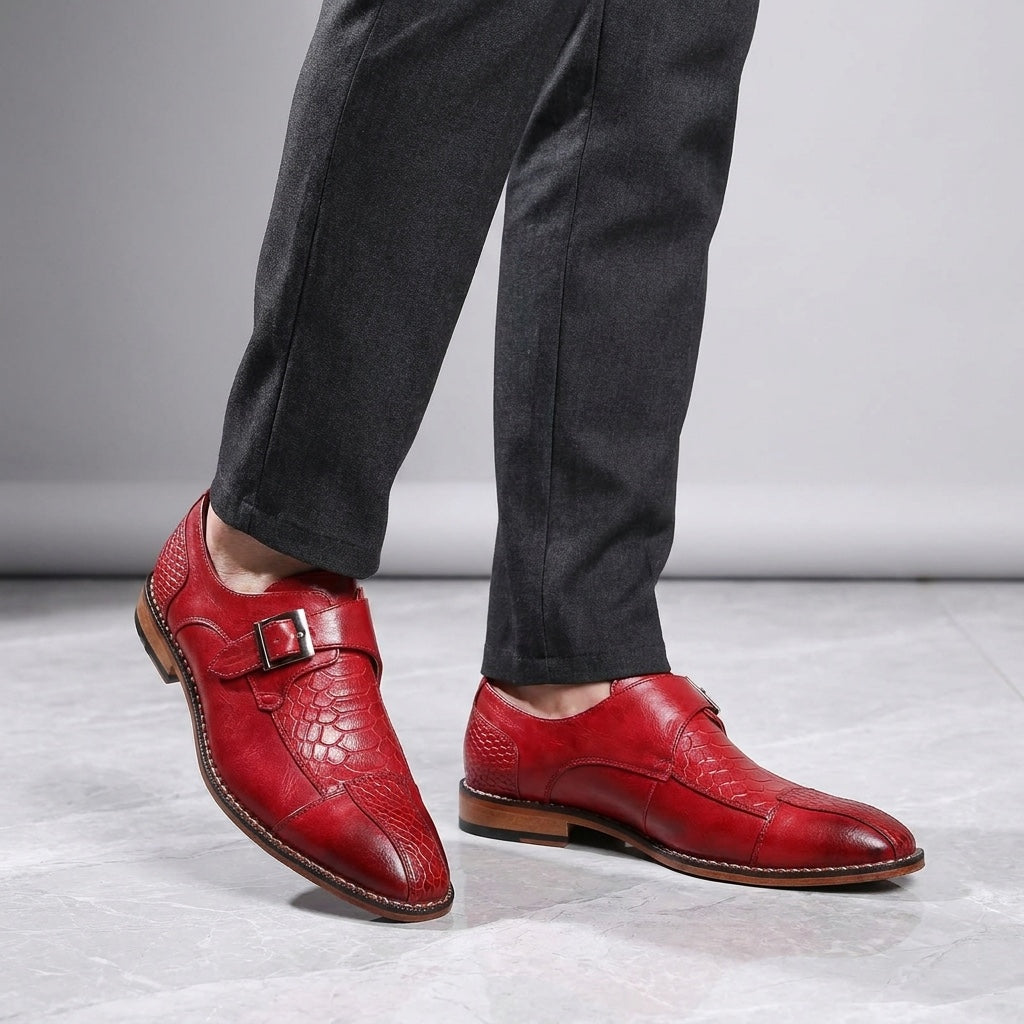 Belgravia Monk Straps — Red, worn knee-down studio view