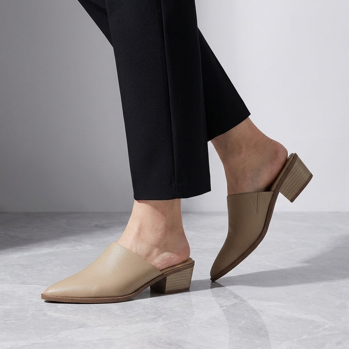 Lucera Leather Mules — Sand, worn, studio view from the knee down