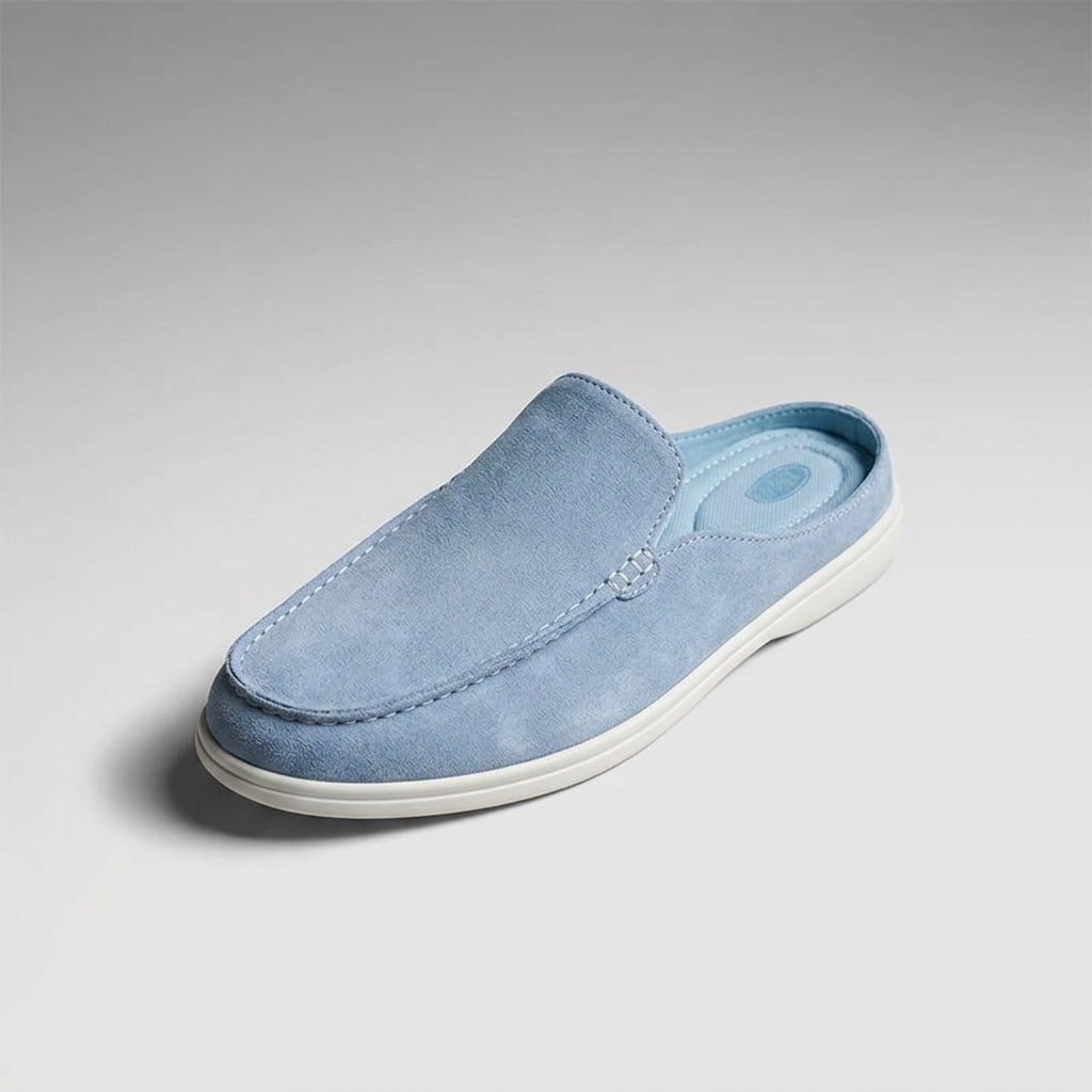 Dartmouth Suede Loafers — Blue, three-quarter front-right studio view