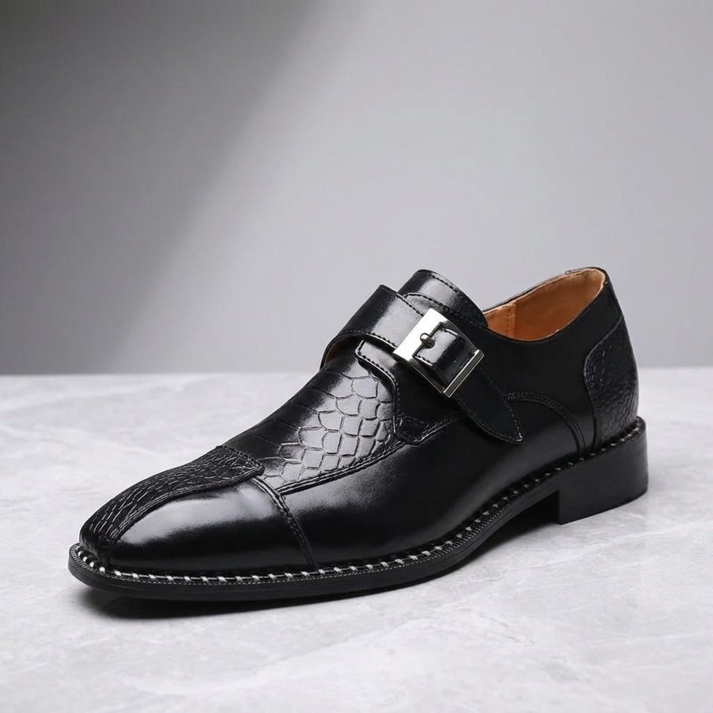 Belgravia Monk Straps — Black, three-quarter studio view