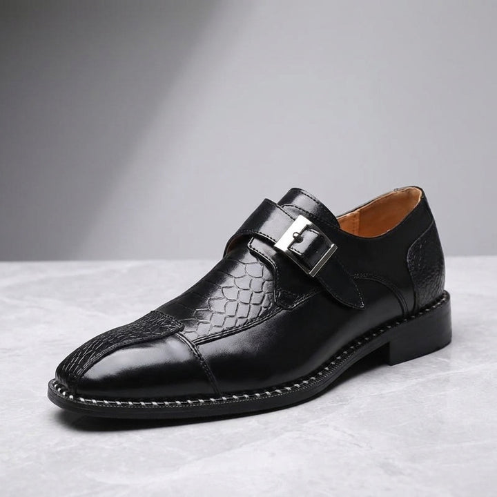 Belgravia Monk Straps — Black, three-quarter studio view