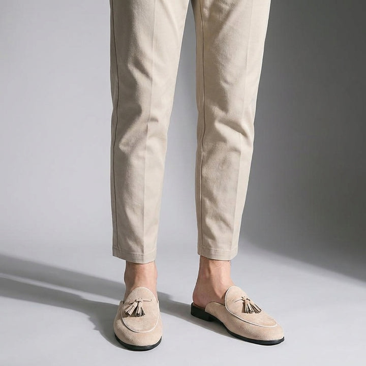 Vasto Suede Mules — Beige, male model knee-down studio