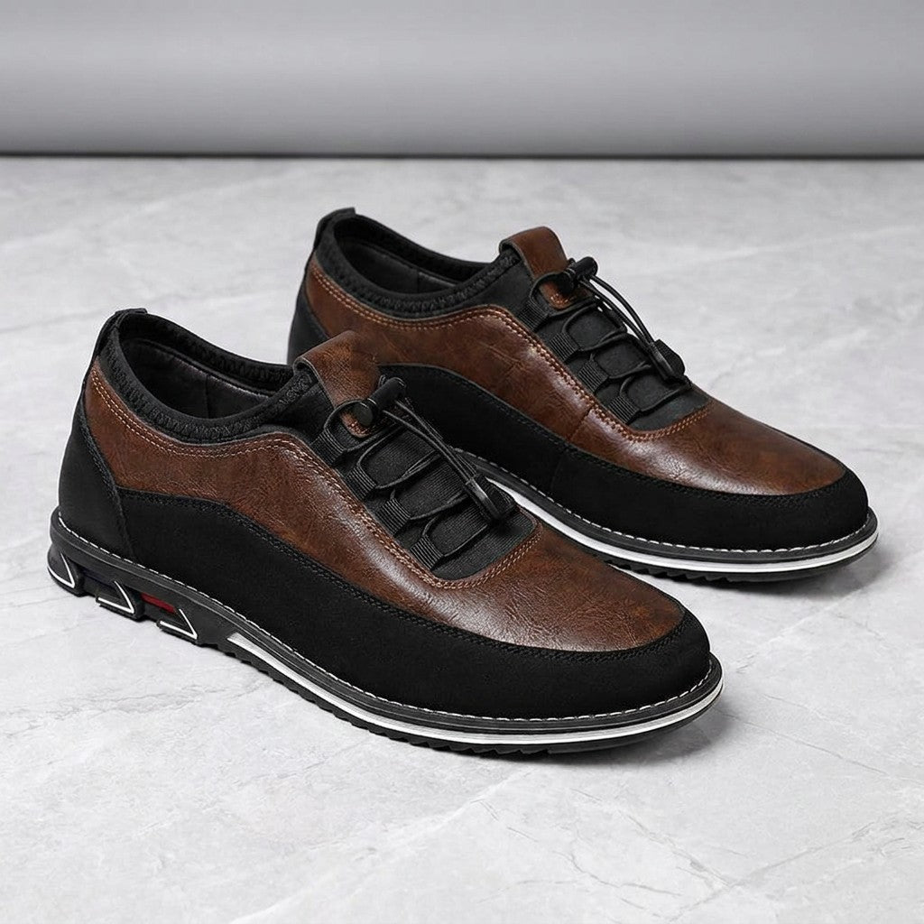 Anagni No-Tie Dress Shoes — Chestnut Brown, pair in three-quarter view on light-grey marble