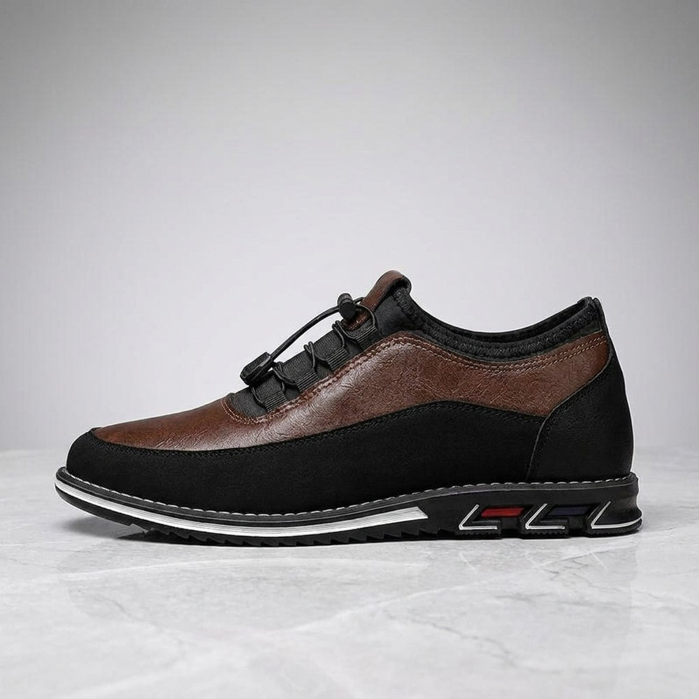 Anagni No-Tie Dress Shoes — Chestnut Brown, single shoe in side profile on light-grey marble