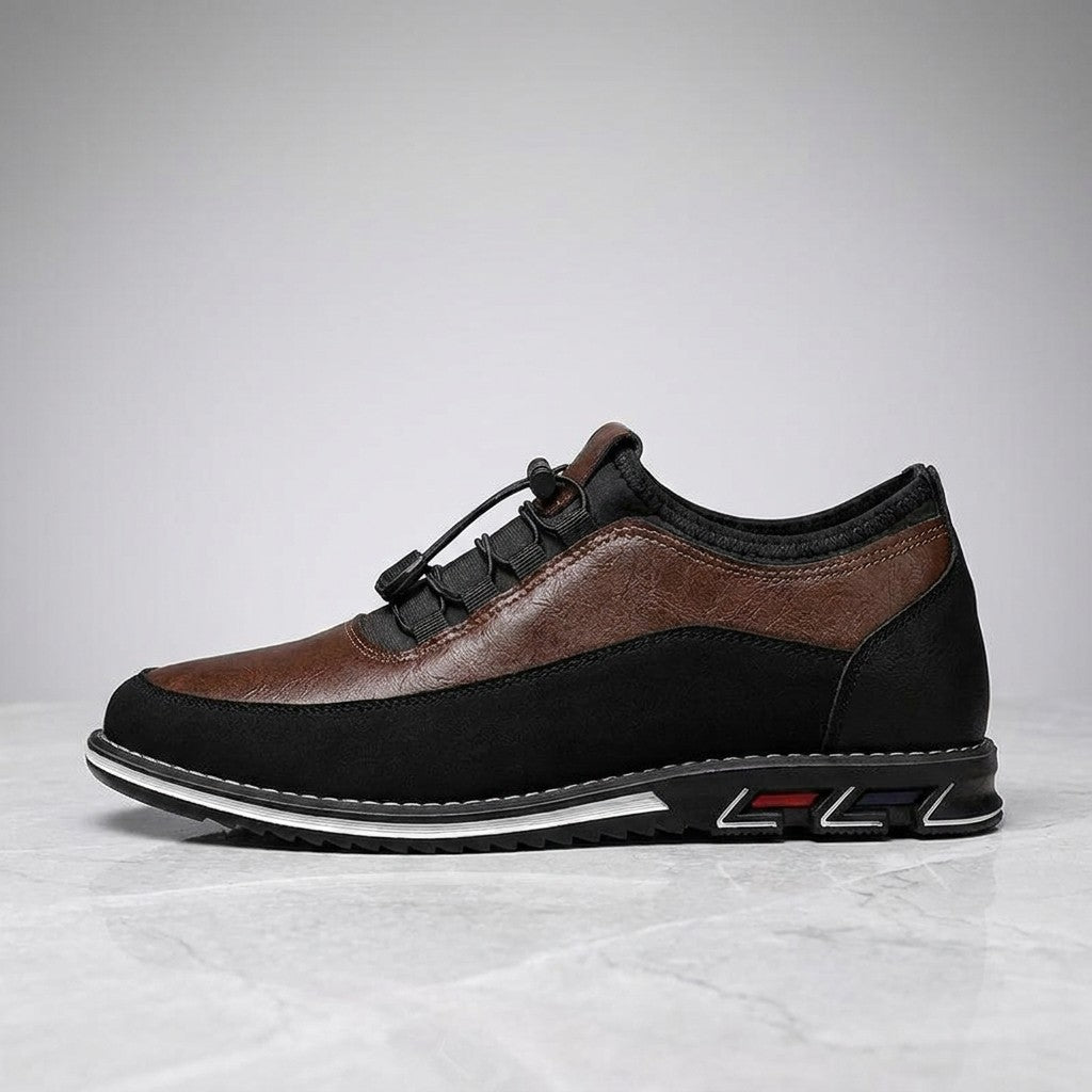 Anagni No-Tie Dress Shoes — Chestnut Brown, single shoe in side profile on light-grey marble