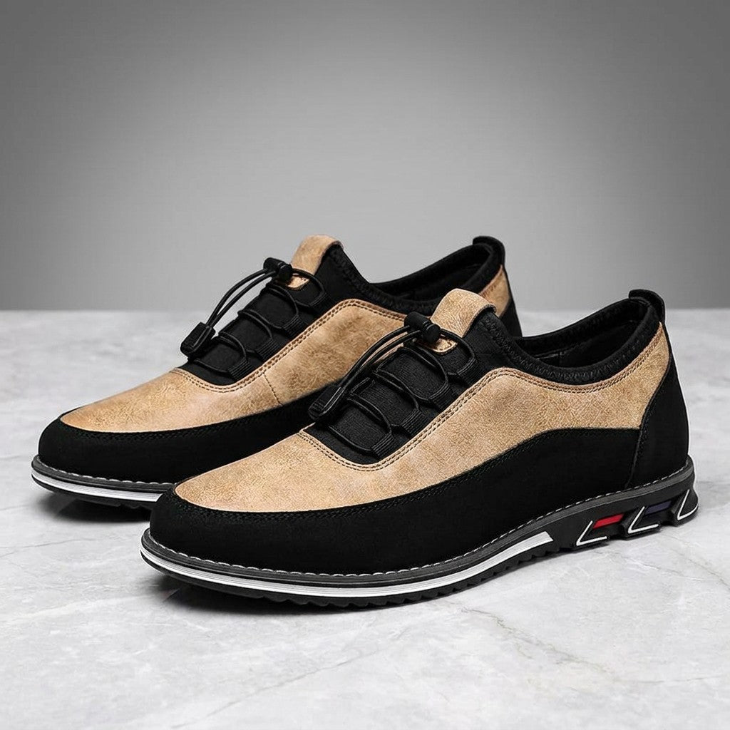 Anagni No-Tie Dress Shoes — Sand, pair in three-quarter view on light-grey marble