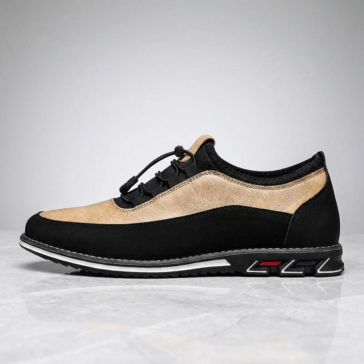 Anagni No-Tie Dress Shoes — Sand, single shoe in side profile on light-grey marble