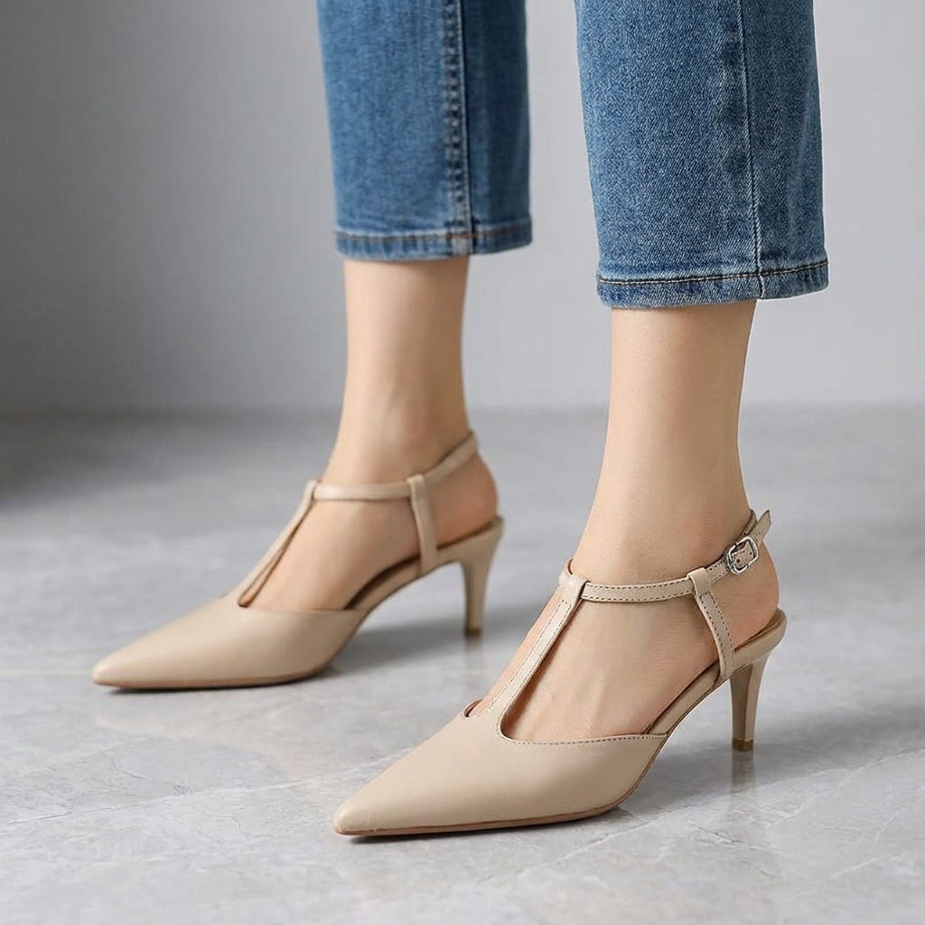 Genoa Pointed Sandals — Apricot, on model knee-down studio