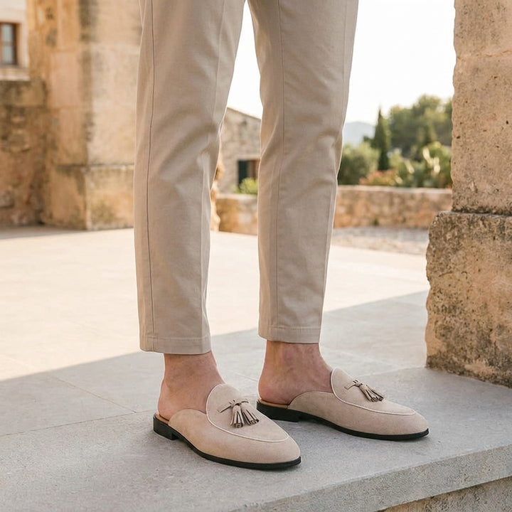 Vasto Suede Mules — Beige, male model knee-down coastal steps