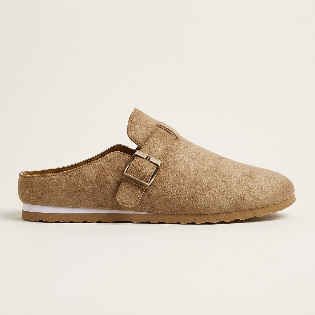 Volterra Suede Mules — Camel, side profile view