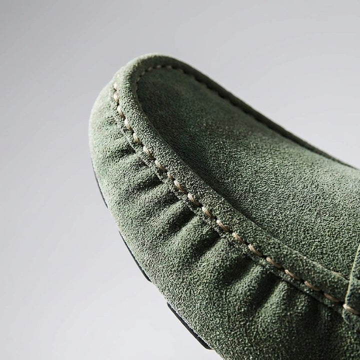 Zoagli Suede Loafers — Green, hand-stitched seam close-up