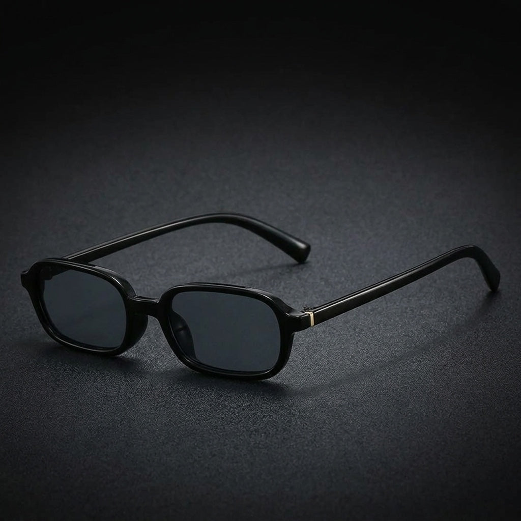Alba Rectangle Sunglasses — Black, three-quarter studio view