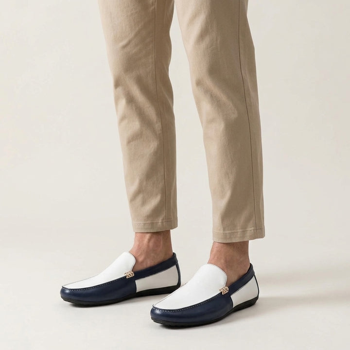 Faro Two-Tone Loafers — Navy &amp; White, worn with beige chinos, studio