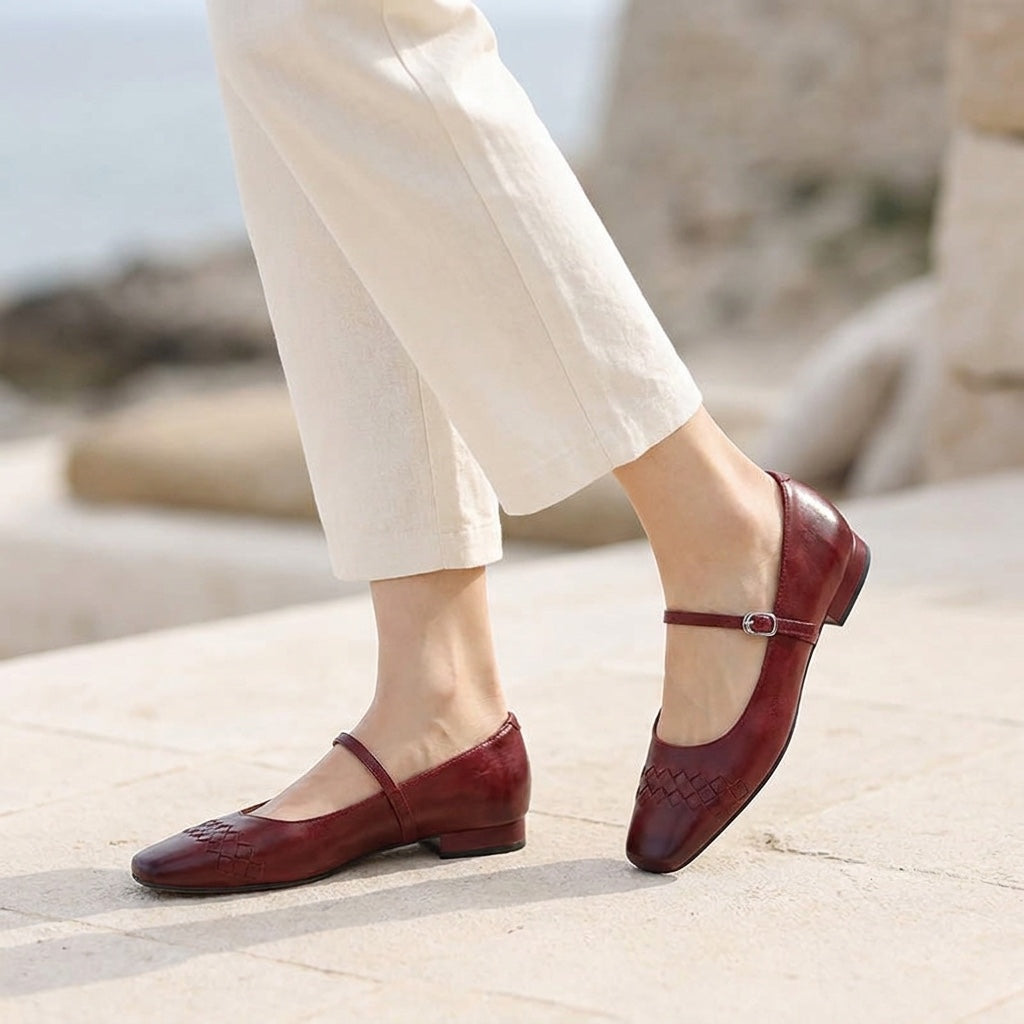 Ravenna Mary Janes — Wine, worn outdoors on a stone terrace, from the knee down
