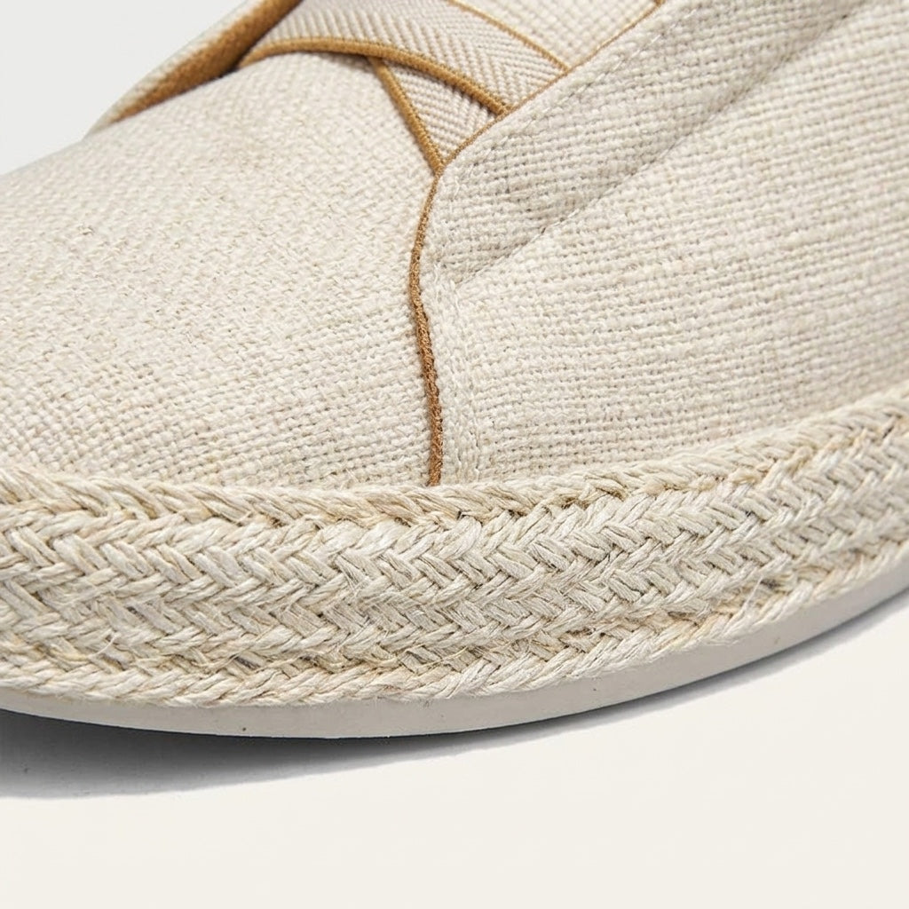 Elba Espadrille Sneakers — Cream, woven upper and rope trim close-up