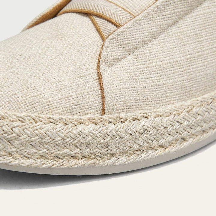 Elba Espadrille Sneakers — Cream, woven upper and rope trim close-up
