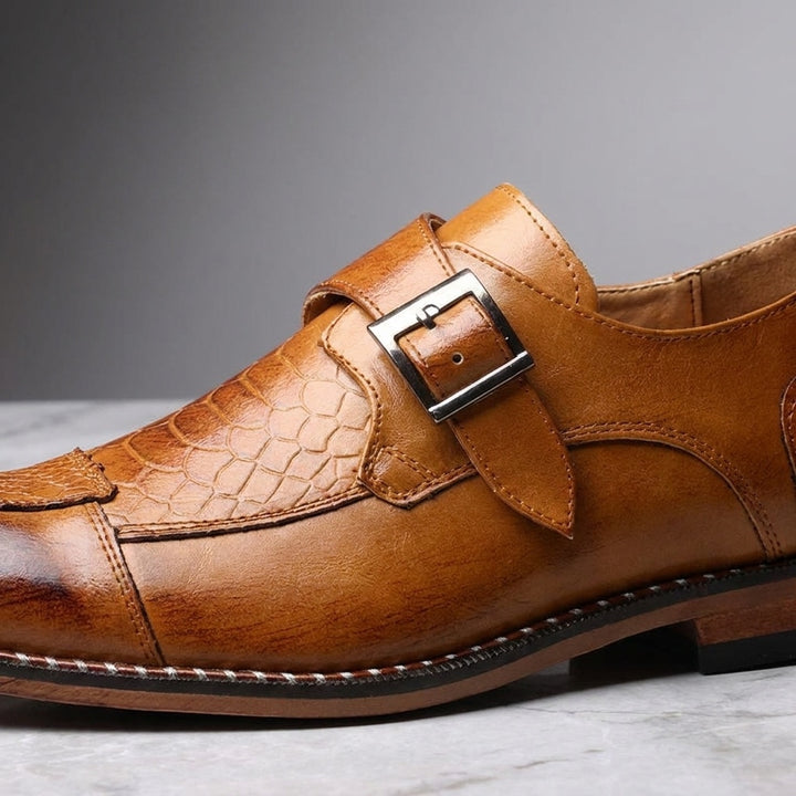 Belgravia Monk Straps — Camel, buckle and texture close-up
