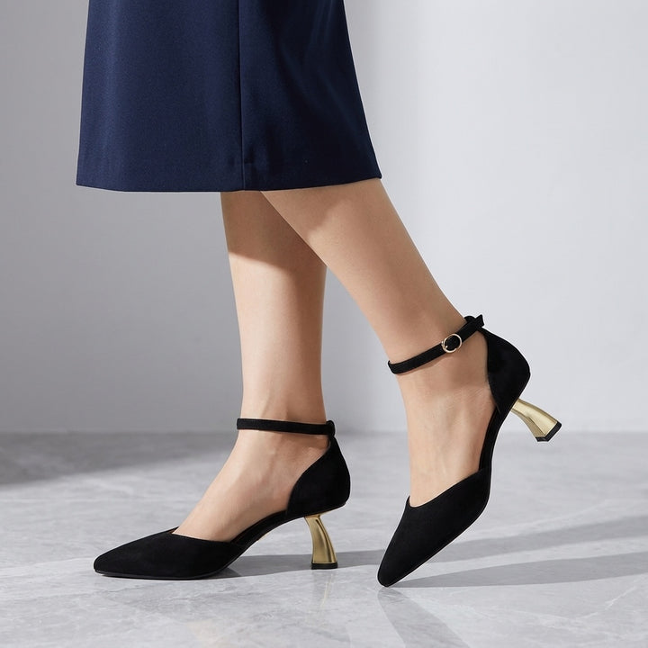 Sarzana Ankle-Strap Pumps — Black, worn, studio view from the knee down