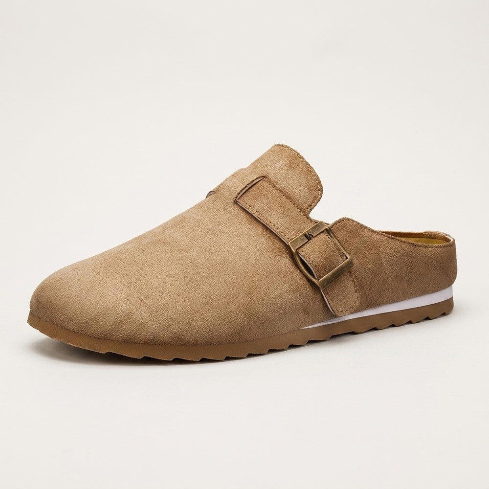 Volterra Suede Mules — Camel, three-quarter studio view