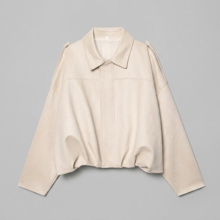 Ancona Suede Jacket — Beige, flat lay front on grey seamless