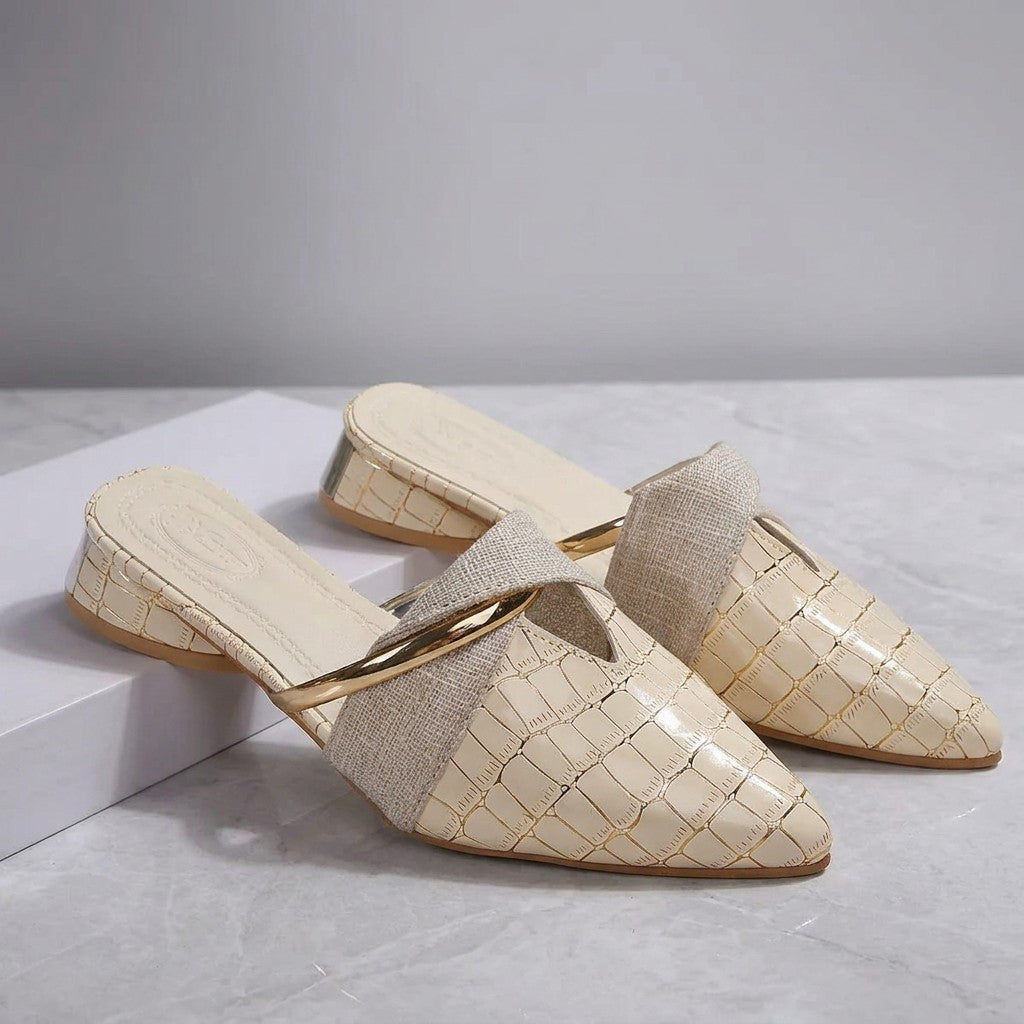 Tivoli Croc-Embossed Mules — Beige, pair on marble