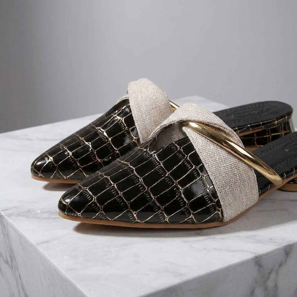 Tivoli Croc-Embossed Mules — Black, construction close-up