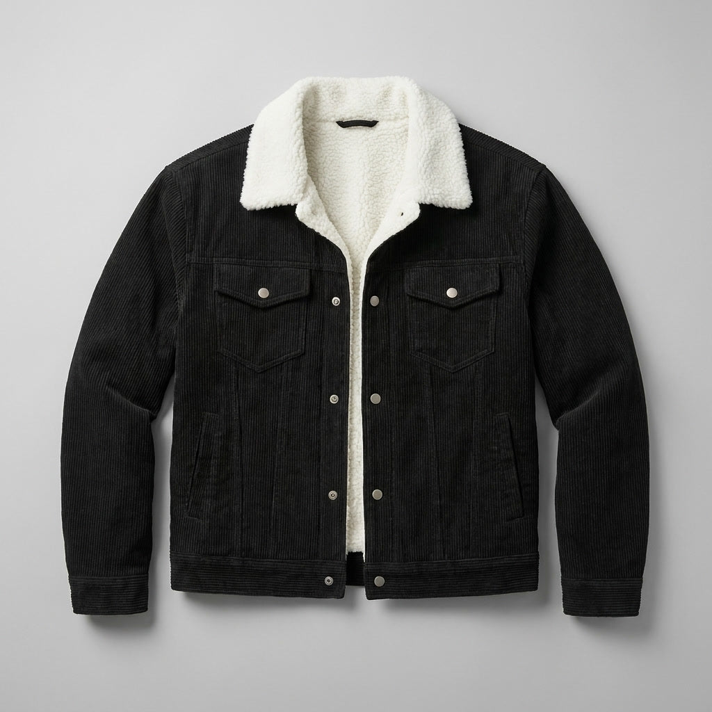Rockwell Corduroy Jacket — Black, flat lay front on grey seamless