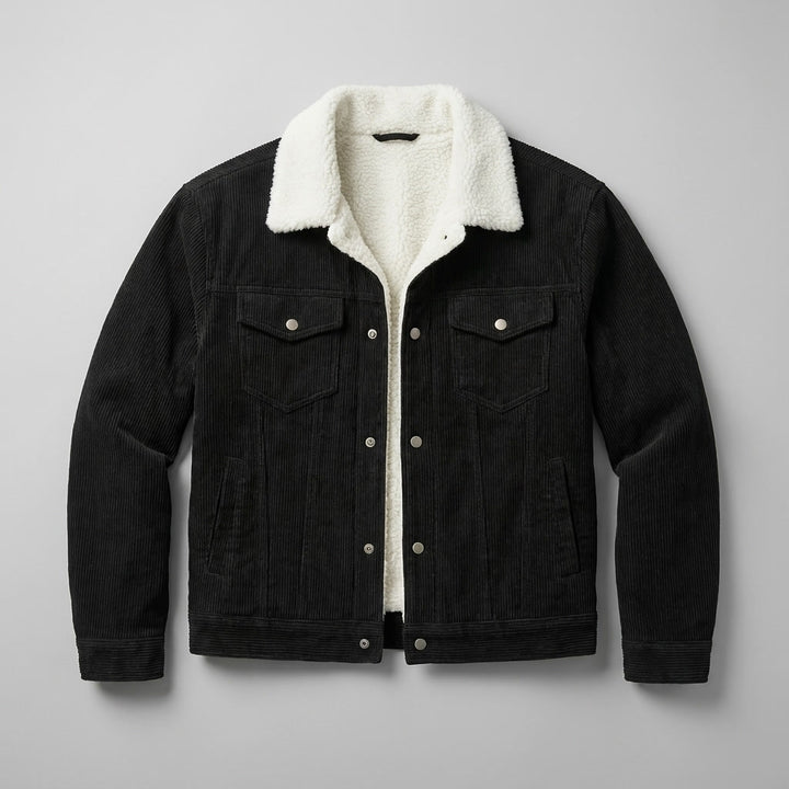Rockwell Corduroy Jacket — Black, flat lay front on grey seamless