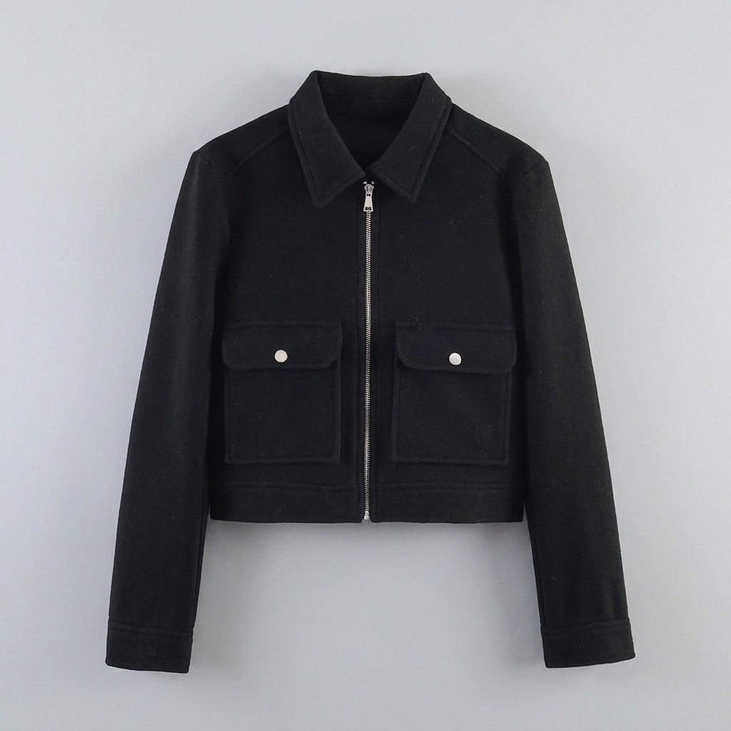 Udine Cropped Jacket — Black, flat lay front on grey seamless