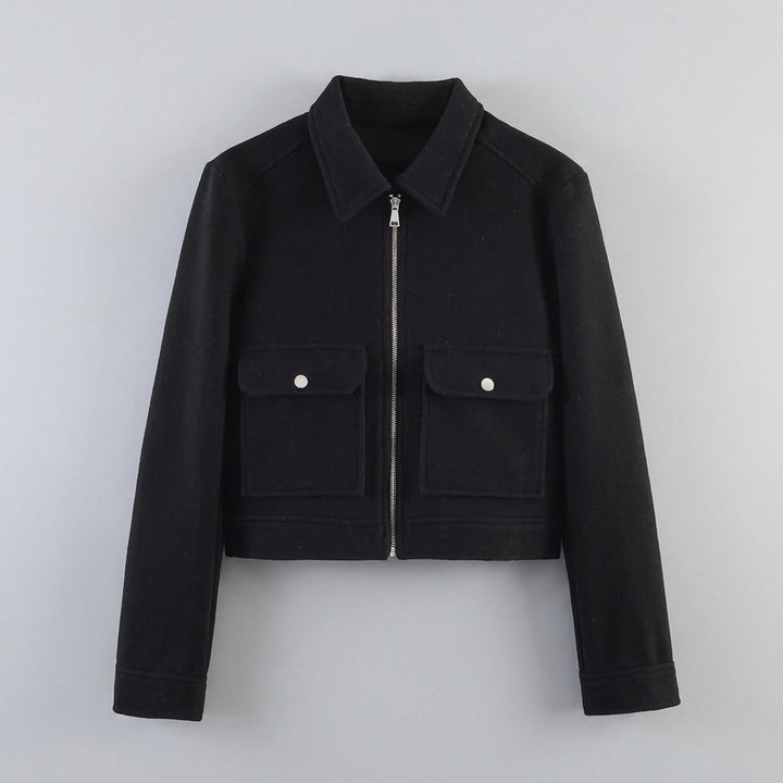 Udine Cropped Jacket — Black, flat lay front on grey seamless