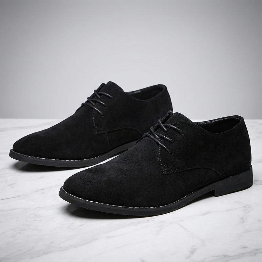 Bari Suede Oxfords — Black, pair on marble