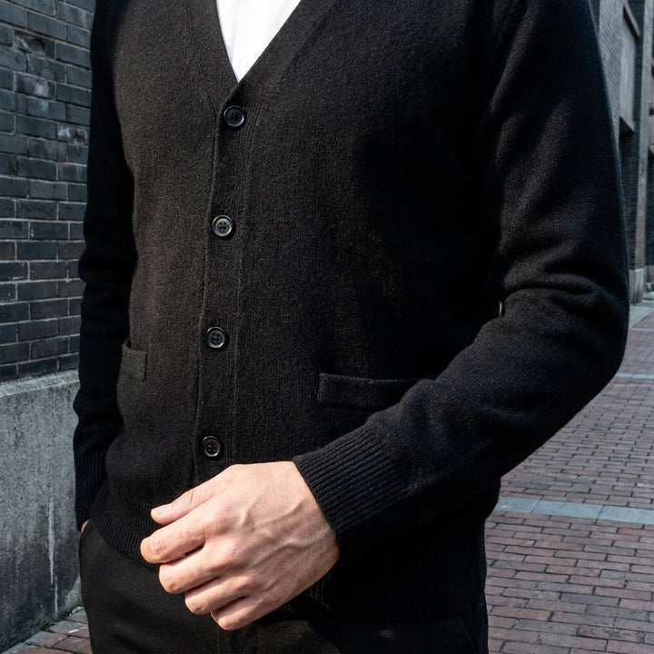 Foligno Wool Cardigan — Black, lifestyle worn detail