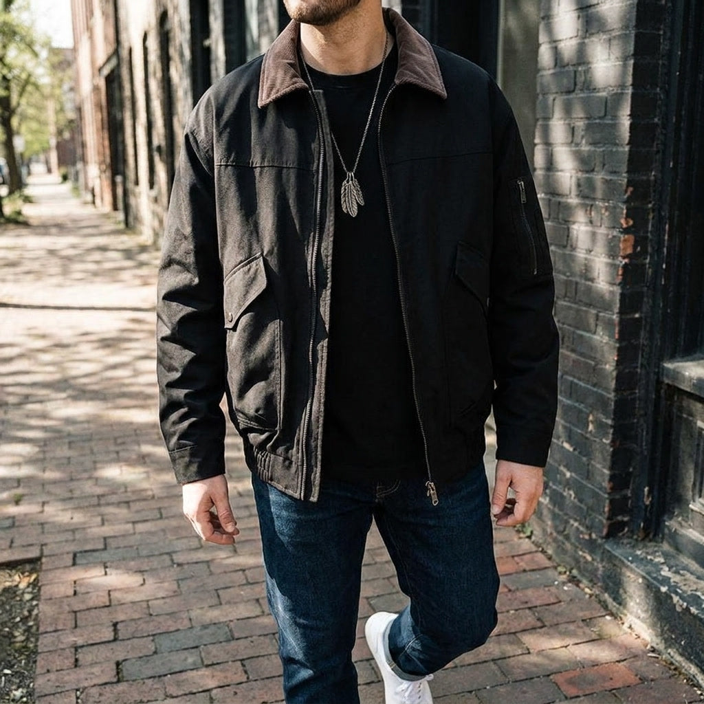 Orbetello Workwear Jacket — Black, lifestyle close crop