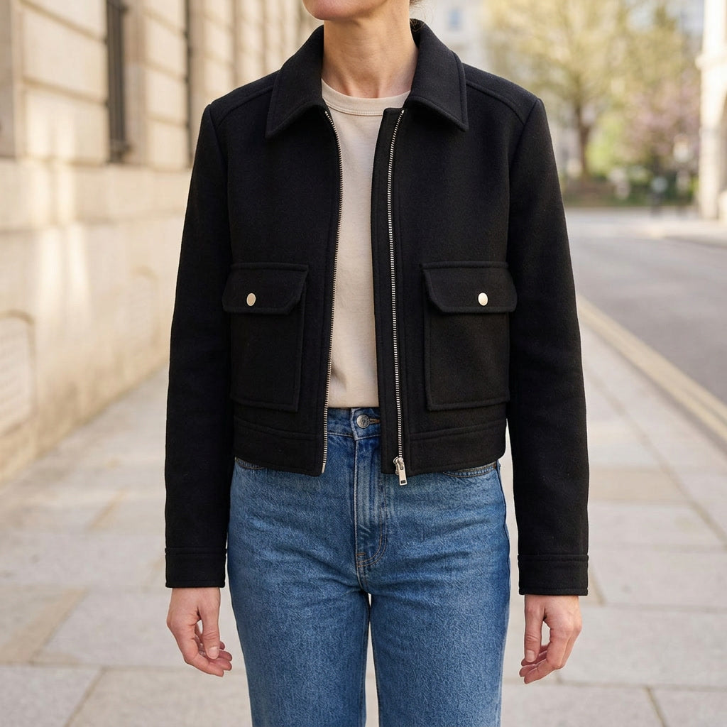 Udine Cropped Jacket — Black, lifestyle close crop on model
