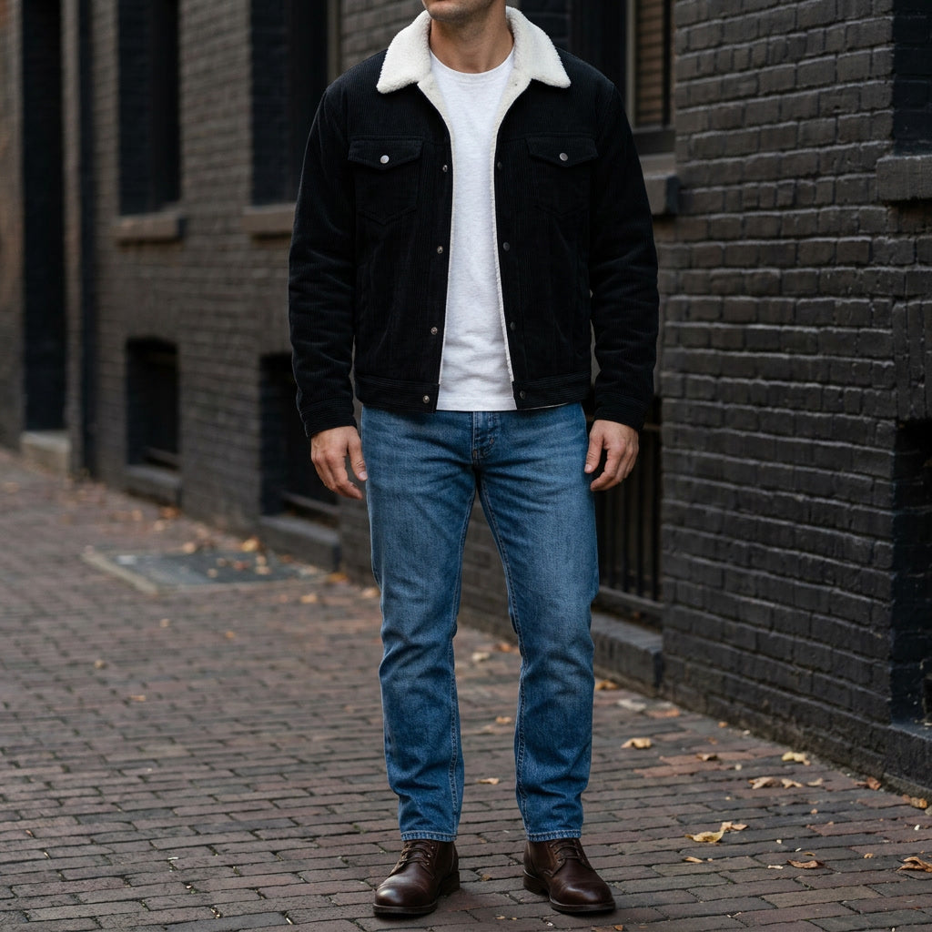 Rockwell Corduroy Jacket — Black, lifestyle close crop on model