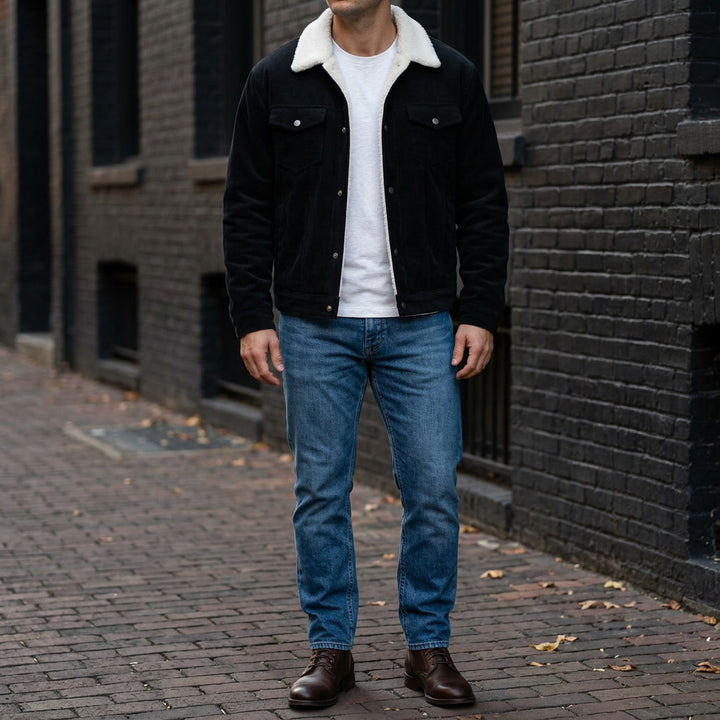 Rockwell Corduroy Jacket — Black, lifestyle close crop on model
