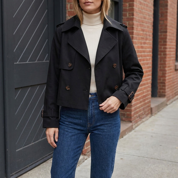 Spezia Cropped Trench — Black, lifestyle close crop
