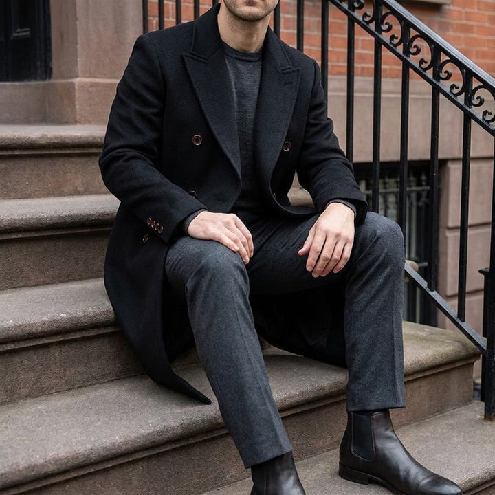 Fermo Wool-Blend Overcoat — Black, lifestyle close crop