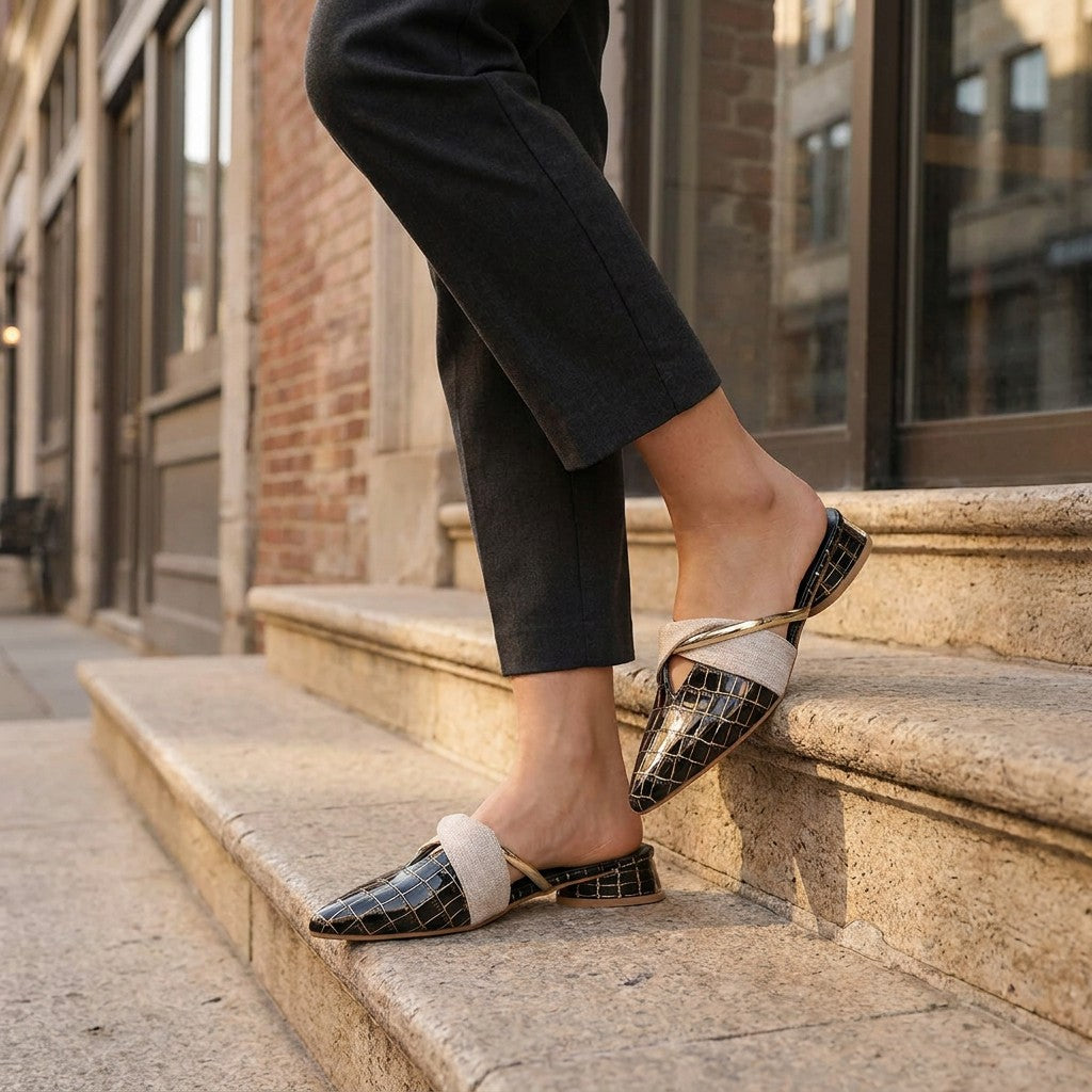 Tivoli Croc-Embossed Mules — Black, on model at restaurant steps