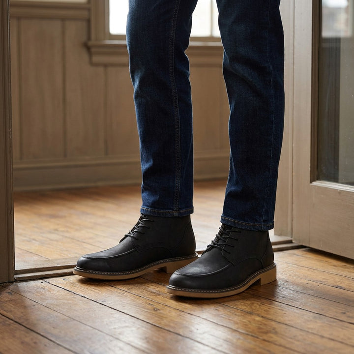 Belluno Leather Boots — Black, on model at office threshold