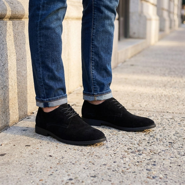 Bari Suede Oxfords — Black, on-model office sidewalk lifestyle
