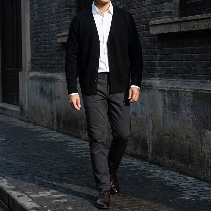 Foligno Wool Cardigan — Black, lifestyle full outfit