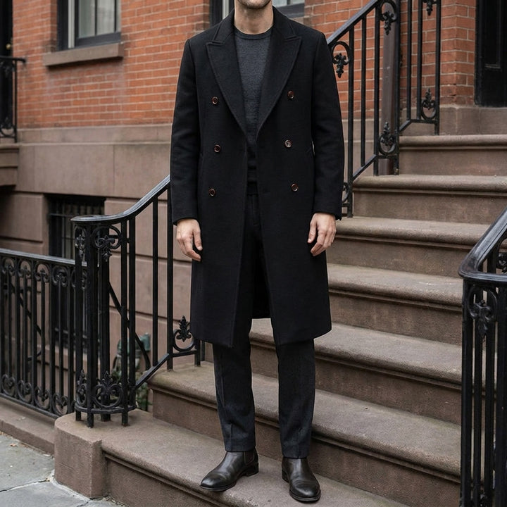Fermo Wool-Blend Overcoat — Black, lifestyle full outfit