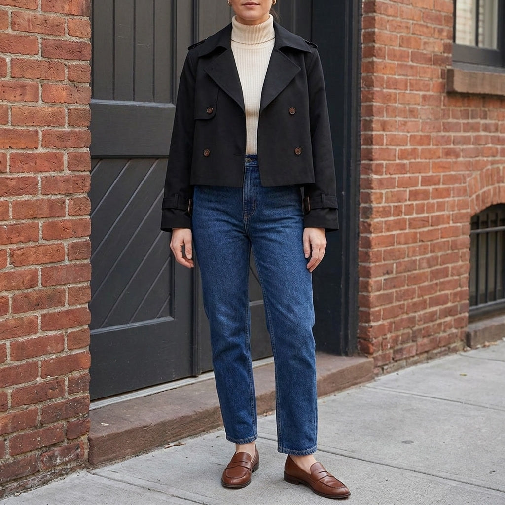 Spezia Cropped Trench — Black, lifestyle full outfit