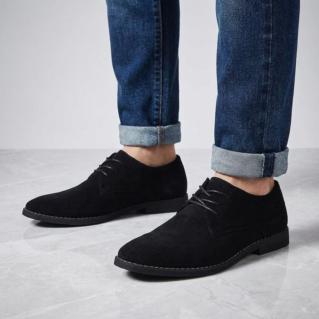 Bari Suede Oxfords — Black, on-model knee-down studio