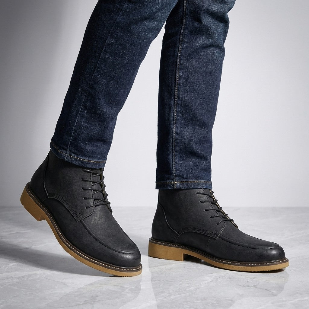 Belluno Leather Boots — Black, on model knee-down studio