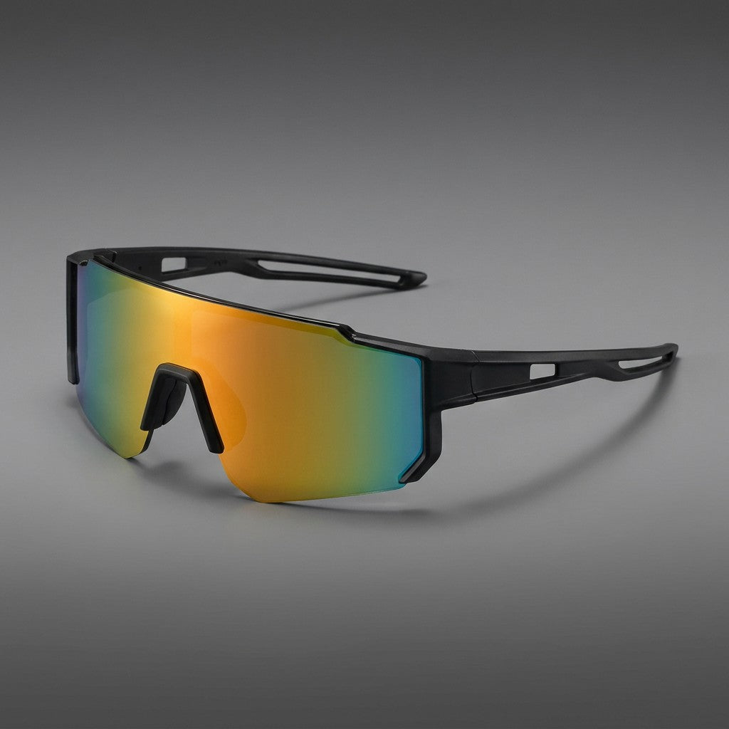 Tellaro Shield Sunglasses — Black / Fire Mirror, three-quarter front view on a grey studio gradient